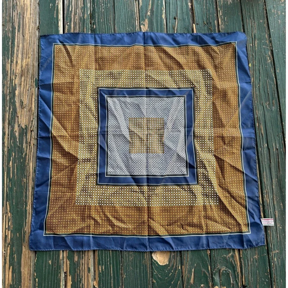 Vintage Silken‎ Polyester Geometric Square Scarf Navy Blue Gold Made in Japan